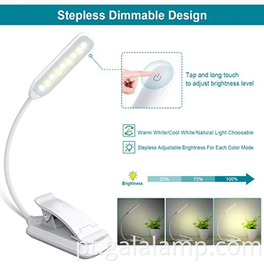 Lâmpada de mesa de clipe de clipe para leitura recarregável USB para leitura